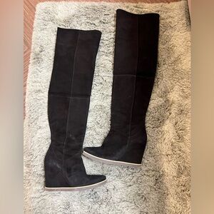 Pura Lopez Over The Knee Suede Wedge Boots EU Size 38 US 7.5 Black